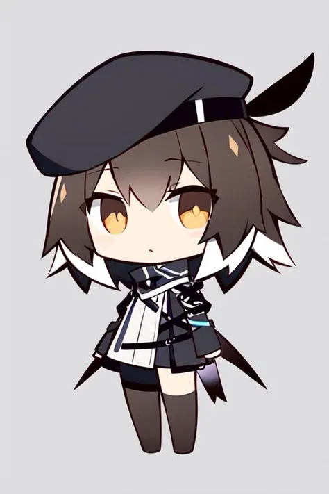 1girl, plume_\(arknights\), plume, black beret, <lora:AK-Plume:0.8>, best quality, dark brown hair with white tips, <lora:ChibiBAStyle2:0.7>, chibi, min, full body,