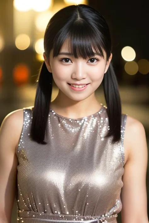 1girl,(wearing a sleeveless glittery dress:1.2),(RAW photo, best quality), (realistic, photo-realistic:1.4), masterpiece, an extremely delicate and beautiful, extremely detailed, 2k wallpaper, Amazing, finely detail, extremely detailed CG unity 8k wallpaper, ultra-detailed, highres, soft light, beautiful detailed girl, extremely detailed eyes and face, beautiful detailed nose, beautiful detailed eyes,cinematic lighting,city lights at night,perfect anatomy,slender body, <lora:saijonagomi_lora:0.8>(twintail hairstyle)smile