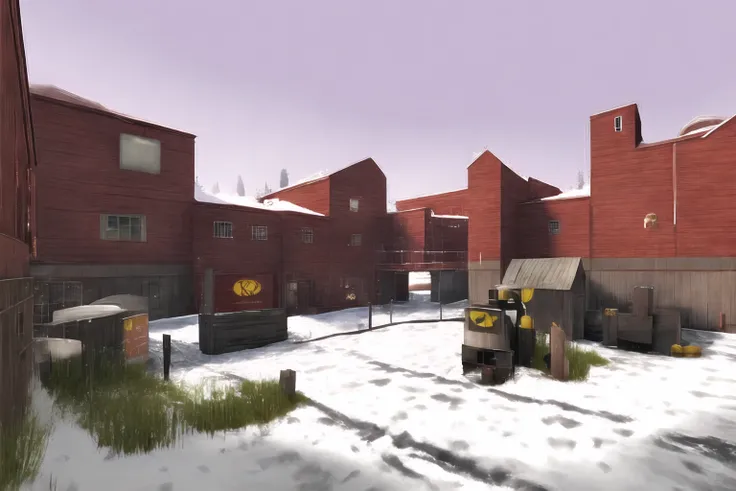 a snowy tf2 map in the style of norman rockwell, absurdres, (masterpiece:1.2)