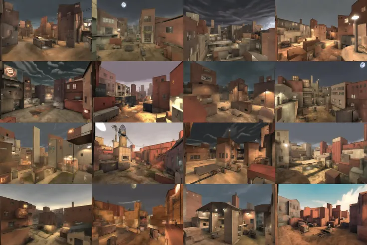 an industrial tf2 map with spotlights and verticality in the style of norman rockwell, absurdres, (masterpiece:1.2), (night:1.3)