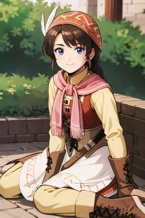 masterpiece,best quality,highres,detailed face,detailed eyes,<lora:yunica-nvwls-v1:0.8>,yunica,braided ponytail,bandana,feather hair ornament,pink scarf,red dress,corset,apron,gloves,boots,animification,single_braid,solo,looking at viewer,savannah,wariza,outdoors,happy,