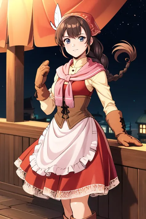 masterpiece,best quality,highres,<lora:yunica-nvwls-v1:0.8>,yunica,braided ponytail,bandana,feather hair ornament,pink scarf,red dress,corset,apron,gloves,boots,animification,cowboy shot,night,single_braid,solo,looking at viewer,nervous,dynamic pose,magmar,