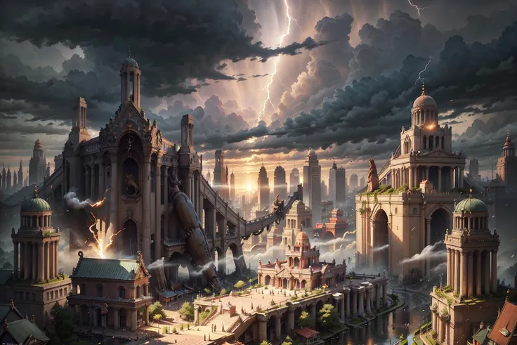 bronzepunkai, <lora:bronzepunkai_v20:0.7>,, city, buddah temple, church, mosque, giant sculpture, flying dragon, lightning, storm, sunset, rim lighting, foggy background, smoke, isometric, isometric case, knolling, <lora:tiltShift_v10 (1):0.2>