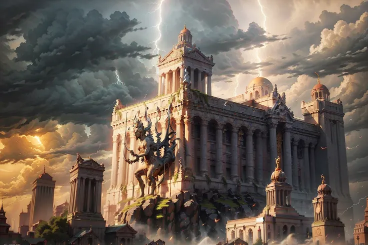 bronzepunkai, <lora:bronzepunkai_v20:0.7>, <lora:tiltShift_v10 (1):0.4>, city, buddah temple, church, mosque, sculpture, flying dragon, lightning, storm, sunset, rim lighting,