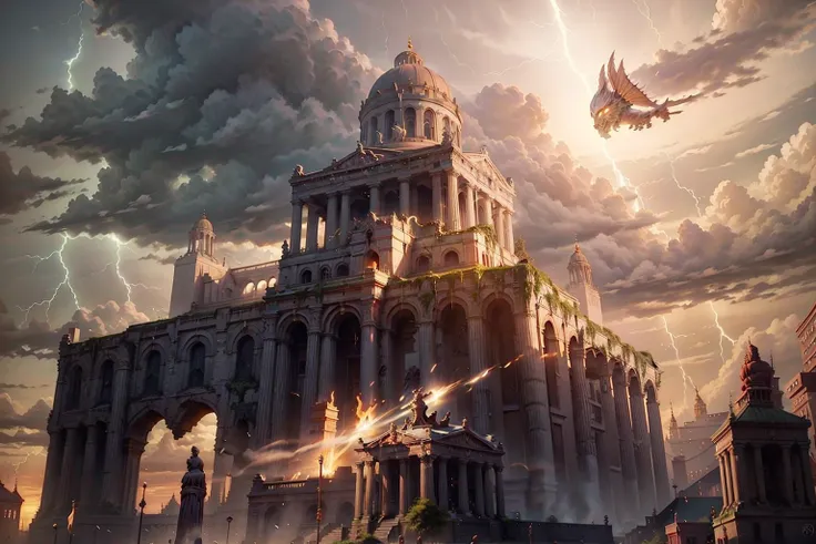 bronzepunkai, <lora:bronzepunkai_v20:0.7>, <lora:tiltShift_v10 (1):0.4>, city, buddah temple, church, mosque, giant sculpture, flying dragon, lightning, storm, sunset, rim lighting,