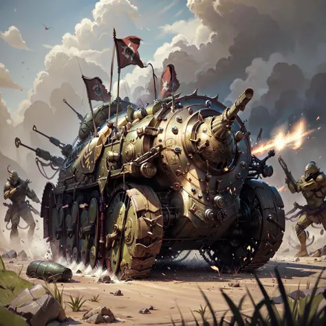 <lora:bronzepunkai2:.9> bronzepunkai battle tank on battlefield