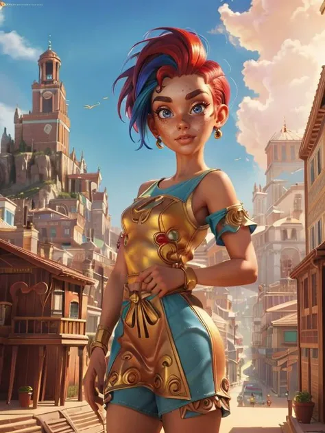 Disney, Pixar Disney, Pixar (Style: trending on artstation, ((high quality:1.2, masterpiece:1.2)) , (8k resolution) , high details, incredibly absurdres, color connection, colorized, colorful, sexy, nsfw, seductive)
(1girl, 25 years old, big eyes, latina face, freckles, (short hair, shaved sides:1.2), multicolored hair, medium breasts)
<lora:bronzepunkai:0.6> (backround: bronzepunkai, clock, building, wooden, golden)