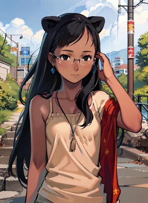 ((best quality)), ((highly detailed)), , (1girl), (glasses), upper body, (lion girl), lion ears, lion mane, royalty, long hair, (black hair), ((dark skin)), amber eyes, medium breasts, athletic, (outside, at a stairway, noon, hurricane), <lora:takamichi-v2-strong:1>