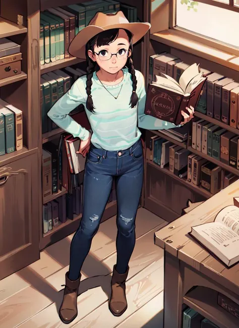 ((best quality)), ((highly detailed)), , (1girl), (glasses), from above, bird's-eye view, full body, (((wide shot))), country girl, long hair, low twin braids, freckles, muscular, cowboy hat, jeans, plaid shirt, on a farm, (inside, in a library, librarian, book shelves, books, open book), <lora:takamichi-v2-strong:.8>