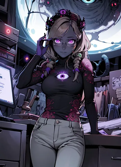 ((best quality)), ((highly detailed)), masterpiece, detailed face, beautiful face, , (1girl), (glasses), dynamic pose, cowboy shot, ((lowleg pants)), <lora:aiomonstergirls_loraLocon:.1>, ((shoggoth)), maid, body horror, (tentacles), ((extra eyes)), spiral eyes, @.@, glowing eyes, Saffron colored eyes, (colored skin), (purple colored skin), large breasts, glowing runes, lovecraftian, <lora:insanevoid2:.9>, insanevoid, glowing, (indoors, on a space station, space, stars), <lora:takamichi-v2-strong:1>