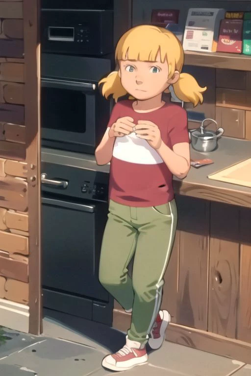anime screencap, masterpiece, nice hands, best quality, 1girl, penny, solo, blonde hair, twintails, blunt bangs, flat chest, (red shirt, single stripe, striped shirt), pants, green pants, (reinforced knee:0.5), brown shoes