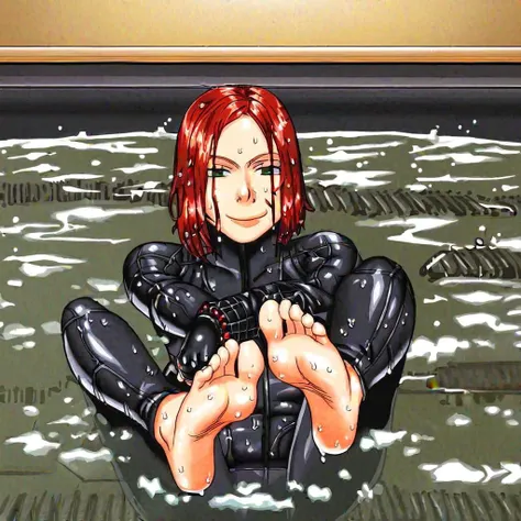 Black Widow (Marvel), shiny leather suit, showing off feet, bare feet, soles of feet, smirking, fleshy walls background, sitting in water, wet hair, inside stomach POV,