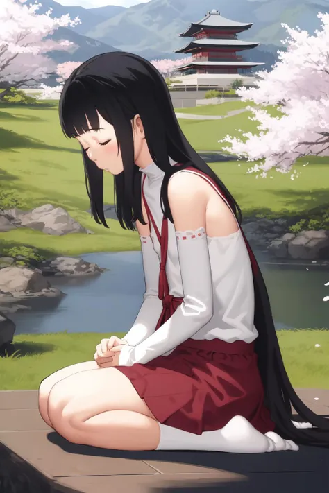 (sketch:1.25), 1girl, blunt bangs, (hime cut, absurdly long hair:1.2), shiny black hair, closed eyes, flat chest BREAK hands on own thighs, miko, long sleeves, red skirt, japanese clothes, tabi BREAK on floor, (seiza), from side, full body, wide shot BREAK detailed background, (outside:1.2), shrine, (cherry blossoms:1.1)