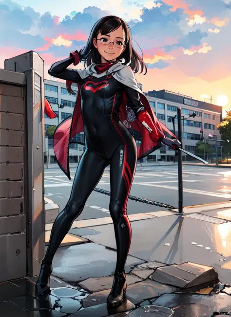 ((best quality)), ((highly detailed)), masterpiece, extremely detailed face, beautiful face, , <lora:more_details:.2>, (1girl), (glasses), dynamic pose, full body, superhero, spandex bodysuit, skin tight clothes, long cape, gloves, knee boots, (flying), smile, (outside, <lora:school_outdoors_v0.2:1>, at a school, building, gate, fence, sunset, raining), <lora:takamichi-v2-strong:.9>