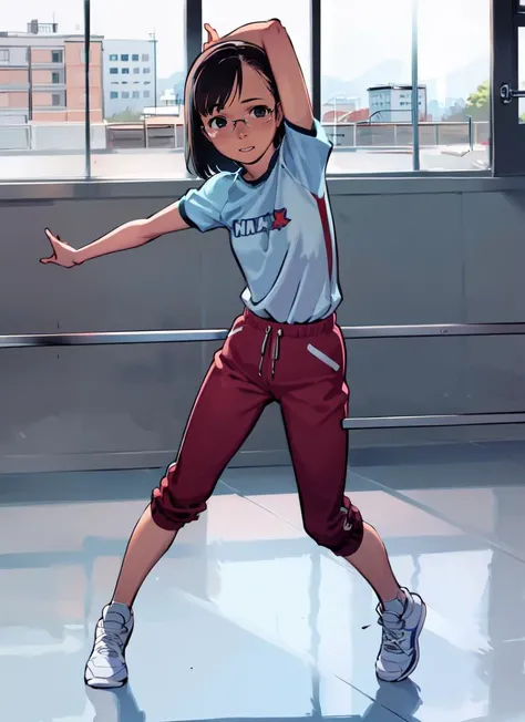 ((best quality)), ((highly detailed)), , (1girl), (glasses), from the front, dynamic pose, full body, dancer, dancing, (inside, at a gymnasium), <lora:takamichi-v2-strong:1>