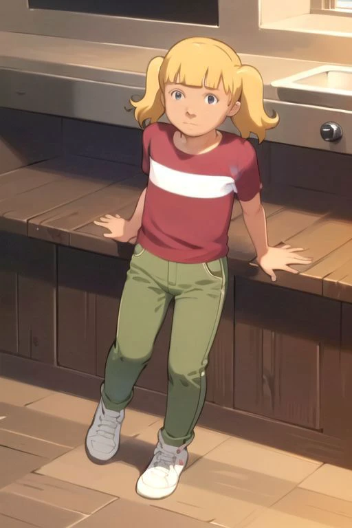 anime screencap, masterpiece, nice hands, best quality, 1girl, penny, solo, blonde hair, twintails, blunt bangs, flat chest, (red shirt, single stripe, striped shirt), pants, green pants, (reinforced knee:0.5), brown shoes, large eyes