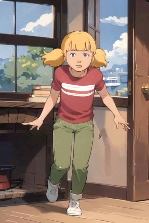 anime screencap, masterpiece, nice hands, best quality, 1girl, penny, solo, blonde hair, twintails, blunt bangs, flat chest, (red shirt, single stripe, striped shirt), pants, green pants, (reinforced knee), brown shoes, large eyes
