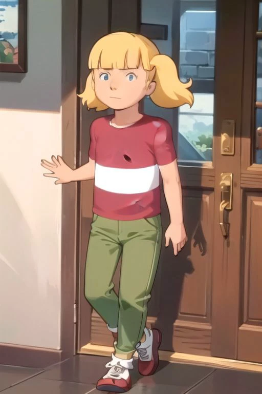 anime screencap, masterpiece, nice hands, best quality, 1girl, penny, solo, blonde hair, twintails, blunt bangs, flat chest, (red shirt, single stripe, striped shirt), pants, green pants, (reinforced knee:0.5), brown shoes, large eyes
