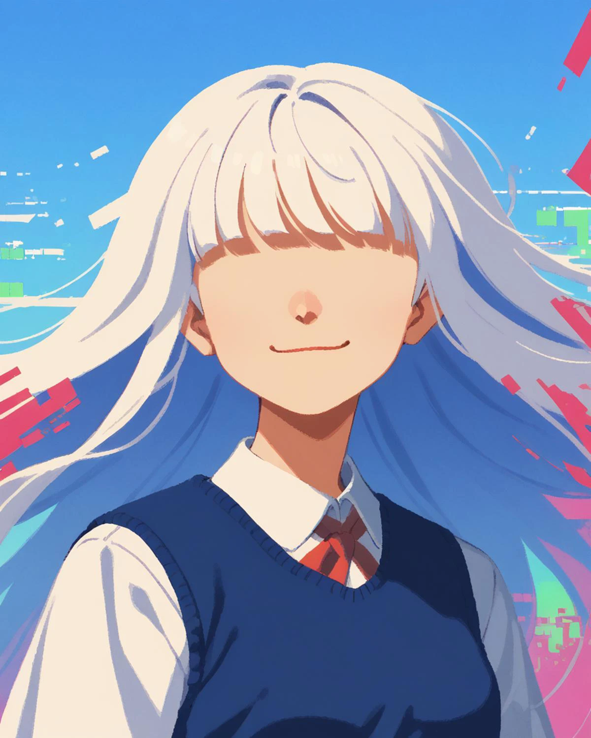 faceless female, white school shirt, school uniform, long hair, blind <lora:gl1tchXLP:0.45> glitch, gl1tch (summer, blue sky:1.2), <lora:takamichi-lyco-pony-v2:0.35> <lora:Bluethebone_Style_PonyXL:0.35> <lora:Crude:0.45> <lora:FlessXL:0.95>, smile, play of shadow and light , girl covered eyes, strong wind, looking away, eternal , (red scarf:0.7), limited color pallet, score_9, score_8_up, score_7_up, score_6_up