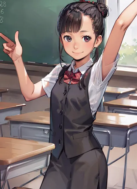 ((best quality)), ((highly detailed)), , (1girl), dynamic pose, upper body, <lora:hairdetailer:.7>, girl next door, friendly, smiling, (inside, in a classroom, desks, blackboard, a schoolgirl, schoolgirl uniform, pleated skirt, <lora:EraseGroinSkirt:1> ((BREAK)) and multiple girls, a teacher, standing, pencil skirt, button down shirt, hair in a bun), <lora:takamichi-v2-strong:.8>