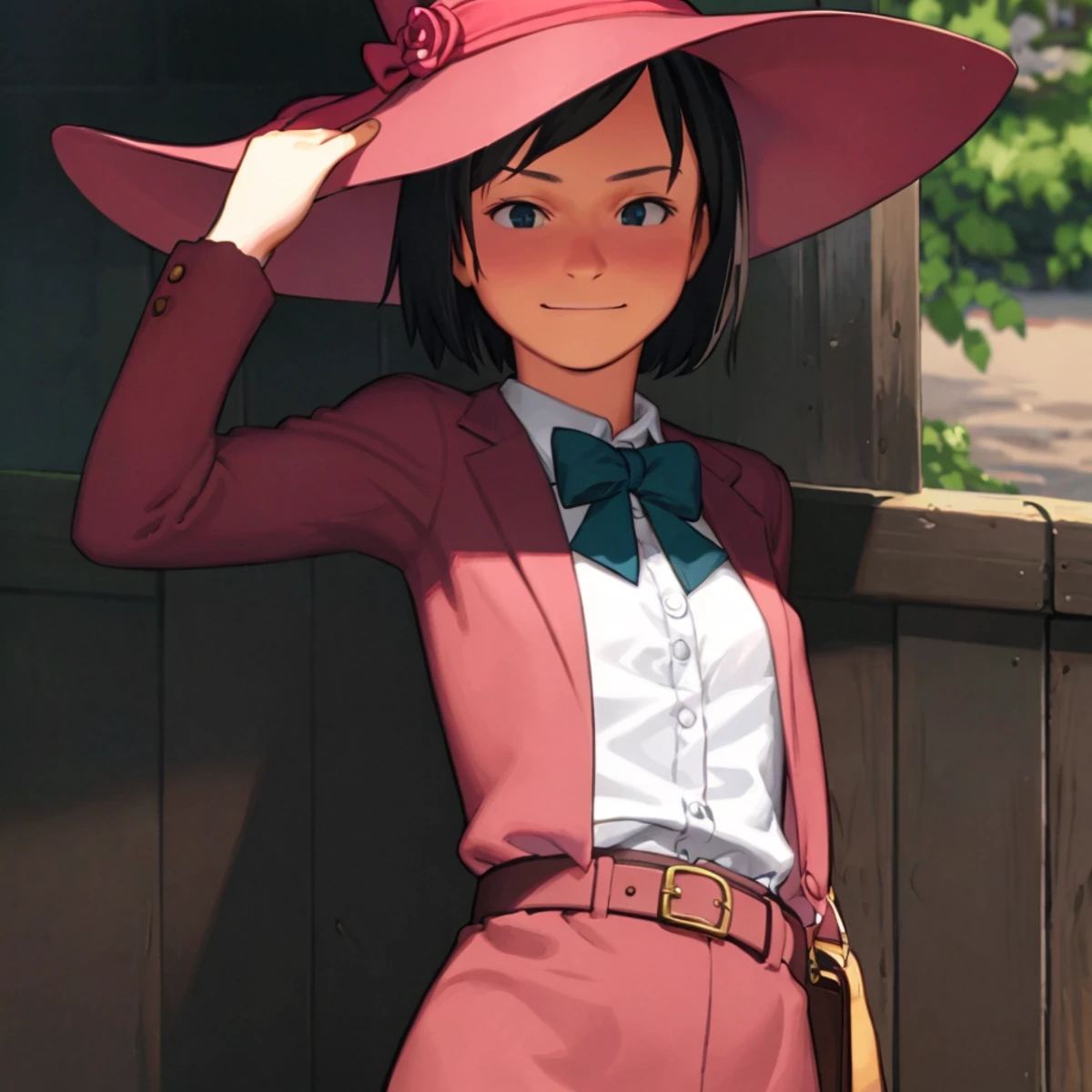 solo mature 1girl, small witch hat, smirk, bowtie, brooch, frills, short hair, tomboy, belt pouch, 30 year old woman, <lyco:takamichi_lyco-nai-v2-strong:1.0>