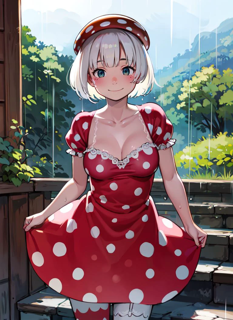 ((best quality)), ((highly detailed)), masterpiece, , (1girl), cowboy shot, ((wide shot)), ((bridal garter)), <lora:Mushroom_Girl:.6>, mushroom, mushroom girl, monster girl, short hair, white hair, mushroom on head, brown mushroom, colored skin, (spots pattern bodypaint:1.33), large breasts, smiling, polka dot dress, puffy sleeves, collarbone, (outside, at a stairway, noon, raining), <lora:takamichi-v2-stable:.8>