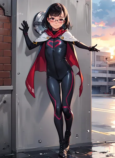 ((best quality)), ((highly detailed)), masterpiece, extremely detailed face, beautiful face, , <lora:more_details:.2>, (1girl), (glasses), dynamic pose, full body, superhero, spandex bodysuit, skin tight clothes, long cape, gloves, knee boots, (flying), smile, (outside, <lora:school_outdoors_v0.2:1>, at a school, building, gate, fence, sunset, raining), <lora:takamichi-v2-stable:.9>