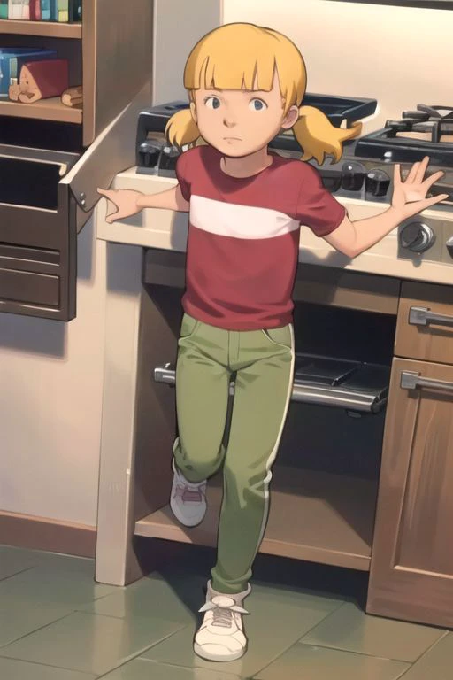 anime screencap, masterpiece, nice hands, best quality, 1girl, penny, solo, blonde hair, twintails, blunt bangs, flat chest, (red shirt, single stripe, striped shirt), pants, green pants, (reinforced knee:0.5), brown shoes