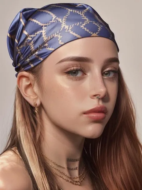 gquality, <lora:nicki:1> nicki, 1girl, solo, looking at viewer, simple background, jewelry, necklace, portrait, realistic, bandana, parted lips
