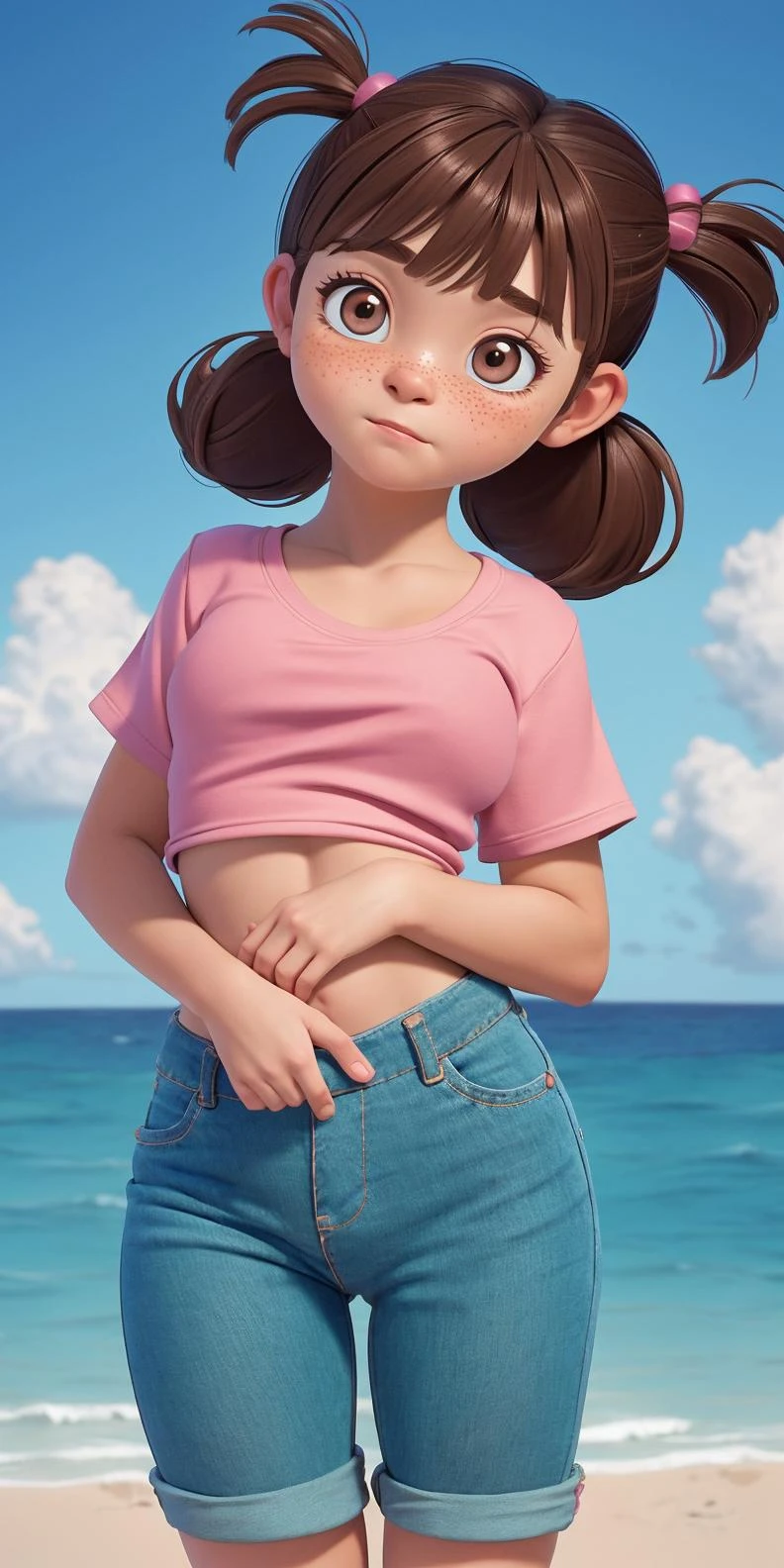 (best quality:1.4),(shiny skin), body focus, (cute face), (((best quality))), illustration, ((Beautiful Finger)), , Beautiful body, Beautiful character design, ,perfect lighting, Colorful, Bright_Front_face_Lighting, ultra high res, highres, absurdres:1.2, bokeh:1.2, lens flare, (vibrant_color:1.2), (Beautiful, small breasts:1.6), (thick thighs:1.3), THICK,
<lora:Boo_-_Monsters_Inc.:0.9> small hair, (brown hair:1.2), two pigtails held by pink hair ties, large round brown eyes, short bangs, urprised facial expression, t-shirt, large jeans, (ocean:1.3), sand, sun, outdoors, detailed eyes, looking at the viewer, hand on hip