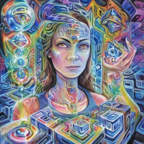 <lora:f4b14n:1> f4b14n str0k3 woman third eye in ecstasy vibrant psychedelic holding cube