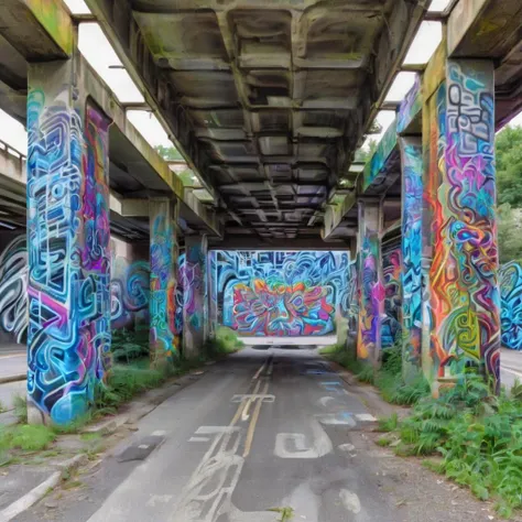 <lora:f4b14n:1> f4b14n str0k3 vibrant psychedelic graffiti under an overpass