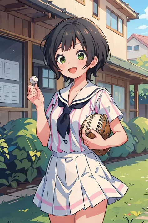 (masterpiece, best quality), 1girl, <lora:0849Hkawakita:1> kawakita, white baseball_uniform, pink vertical-striped, pleated skirt, sailor_collar