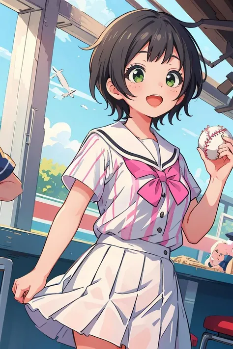 (masterpiece, best quality), 1girl, <lora:0849Hkawakita:1> kawakita, white baseball_uniform, pink vertical-striped, pleated skirt, sailor_collar