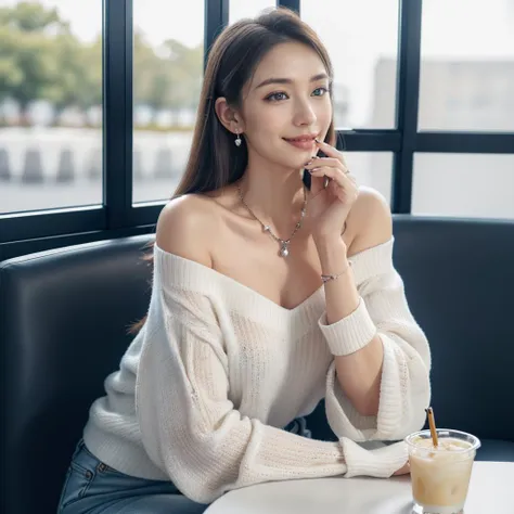 A woman wearing white jeans, a gray sweater, off-shoulder, sitting on the chair in front of Amazon cafe ((smiley face)), has a small necklace and diamond earrings, ((has people sitting in blurry background and has a table and cup  ((full body shot)),  8k, best quality, masterpiece, realistic, ultra detail, photo-realistic, Increase quality, jagged edges, navy, natural beauty, [:(detailed face:1.2):0.2] <lora:more_details:0.3>, natural light,  <lora:Roza_Realistic:1> <lora:add-detail-xl:0.8>, [(nails style: angel)], details fingers, details nails, hype, styler, elegant, eyeliner,