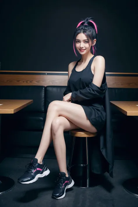 a woman wearing a black outfit, and black sneakers, sitting in the restaurant, ((neon hair color)), (full body shoot), (smile),  best consistency, styler,  <lora:cnb5c5le878c73ajdjs0:0.1> milesa, 8k, best quality, masterpiece, realistic, ultra detail, photo realistic, Increase quality, jagged edges, navy, natural beauty, [:(detailed face:1.2):0.2] <lora:more_details:0.3>,