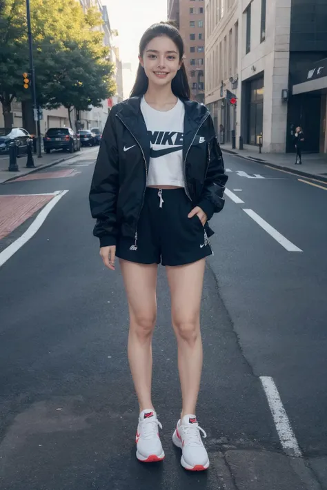 a woman, NIKE, outfit, sneakers, black jacket, standing, a laughing face,  <lora:cn4u3vte878c73e6urpg:0.6> Milesa, standing, 8k, best quality, masterpiece, realistic, ultra detail, photo realistic, Increase quality, jagged edges, navy, natural beauty, [:(detailed face:1.2):0.2] <lora:more_details:0.3>,, natural light