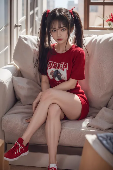 a woman wearing jeans hot skort, red sweater,  sneakers, (full body shoot wide-angle)),  big breast,  <lora:cnb5c5le878c73ajdjs0:0.1> milesa, 8k, best quality, masterpiece, realistic, ultra detail, photo realistic, Increase quality, jagged edges, navy, natural beauty, [:(detailed face:1.2):0.2] <lora:more_details:0.3>,, natural light