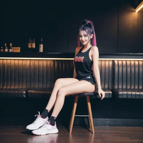 a woman wearing a black outfit, and black sneakers, sitting in the restaurant, ((neon hair color)), (full body shoot), (smile),  best consistency, styler,  <lora:cnb5c5le878c73ajdjs0:0.2> milesa, 8k, best quality, masterpiece, realistic, ultra detail, photo realistic, Increase quality, jagged edges, navy, natural beauty, [:(detailed face:1.2):0.2] <lora:more_details:0.3>,