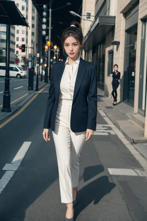 a woman wearing a business suit walking in the city, (High ponytail), ((charming)), ((full body  shoot)), dept, RAW candid cinema, 16mm, color graded portra 400 film, remarkable color, ultra realistic, textured skin, remarkable detailed pupils, realistic dull skin noise, visible skin detail, skin fuzz, dry skin, shot with cinematic ,  <lora:cnb5c5le878c73ajdjs0:0.8> milesa,  <lora:detailed_hands:0.8> hand, styler, George,, 8k, best quality, masterpiece, realistic, ultra detail, photo realistic, Increase quality, jagged edges, navy, natural beauty, [:(detailed face:1.2):0.2] <lora:more_details:0.3>,