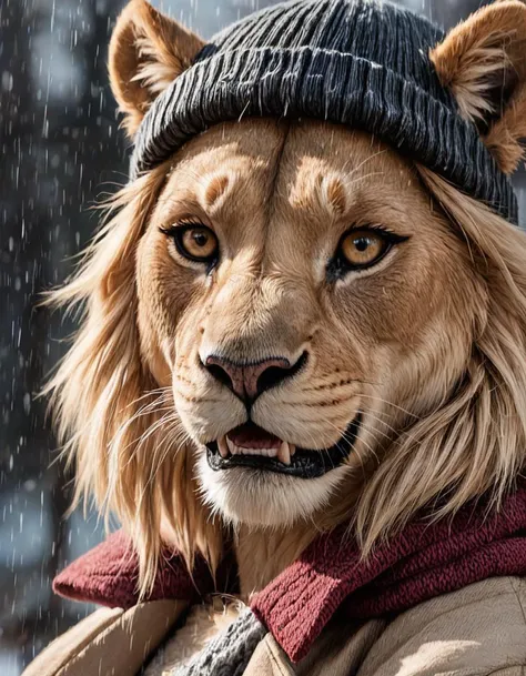 closeup photo anthro female lioness wearing a coat, skirt, and beanie, fangs