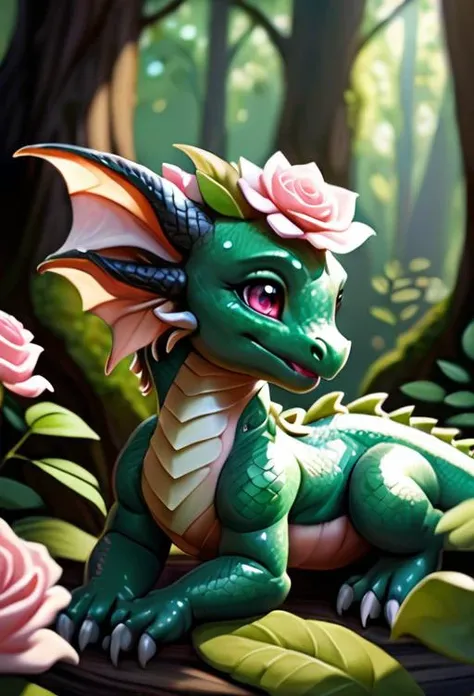 adorable, dragon, rose dragon, flowers on back, flower hair, leaf scales, jade colored eyes, oil painting, cuteness overload, deep woods, ray-traced lighting, god rays, 4k, 8k,