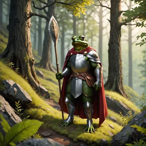 frog knight, standing on hill, deep woods, spear, shield, circlet, cape,