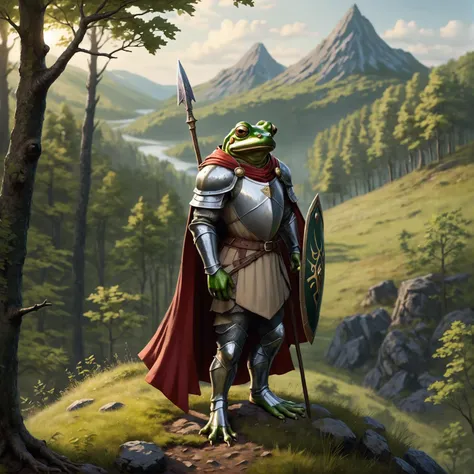frog knight, standing on hill, deep woods, spear, shield, circlet, cape,