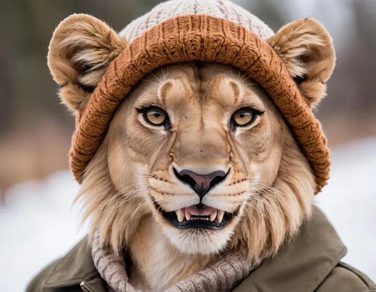 closeup photo anthro female lioness wearing a coat, skirt, and beanie, fangs