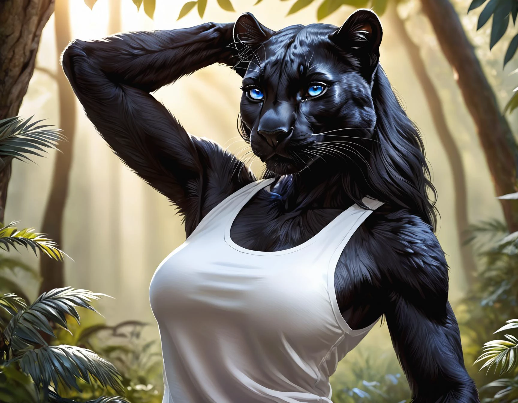Photo of a detailed anthro panther female in the nature , realistic black fur, deep Blue eyes, detailed eye's, epic light , armpits, white tank top