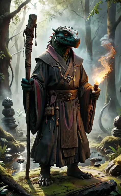 1 Lizard Man, worn for a long time Komodo dragon, a monk wearing a wool Religious habit, leaning on a wooden stick in one hand
Break, The background is a huge swamp with a mixture of different colors of smoke swirling around and softly glowing runes engraved on the bottom.
Break, full shot, cinematic lighting, dramtic Scene,High quality 3D rendering, fantasy, Pixar 3D character design style, ZBrush  high-polygon modeling,
<lora:add-detail-xl:0.8>, <lora:xl_more_art-full_v1:0.5>,  <lora:Arcane:0.6> ais-rcn,   <lora:incase_style_v4:0.7>