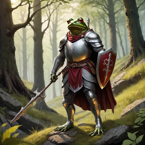 frog knight, standing on hill, deep woods, spear, shield, circlet, cape,