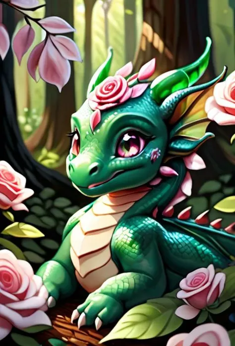 adorable, dragon, rose dragon, flowers on back, flower hair, leaf scales, jade colored eyes, oil painting, cuteness overload, deep woods, ray-traced lighting, god rays, 4k, 8k,