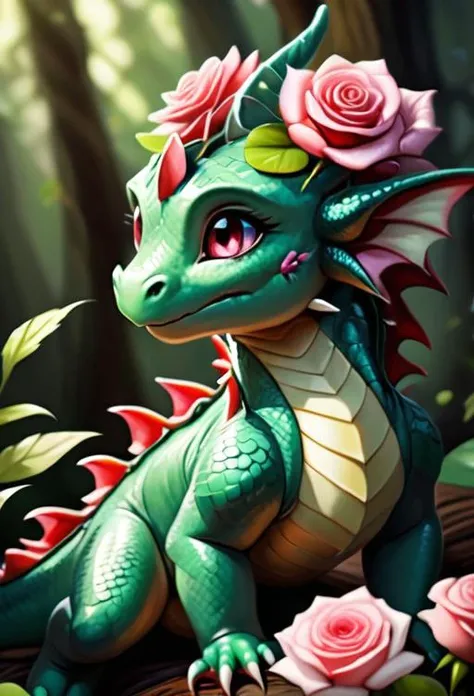 adorable, dragon, rose dragon, flowers on back, flower hair, leaf scales, jade colored eyes, oil painting, cuteness overload, deep woods, ray-traced lighting, god rays, 4k, 8k,